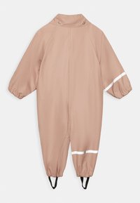 Rosa vattentät overall med långa ärmar, elastiska muddar och reflexremsor. Materialet verkar slätt och flexibelt, med en hög krage.