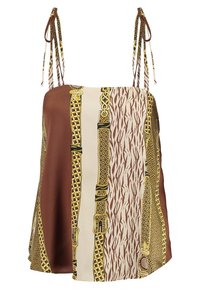 Camisola di seta con un mix di motivi marroni, crema e oro, caratterizzata da spalline sottili con fiocchi e una vestibilità morbida. Inclusi motivi decorativi a cintura.