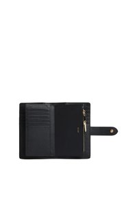 Portafoglio in pelle nera con finitura texturizzata, dotato di più scomparti per carte, una tasca con zip e una chiusura a scatto. Accessori in metallo dorato.