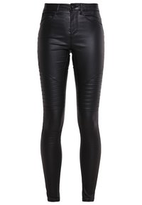 Pantalon skinny en simili cuir noir à texture lisse, avec des détails côtelés horizontaux aux genoux et une fermeture standard à bouton.