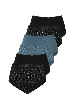 Six high-waist women's briefs in alternating solid black, solid blue, and black with blue floral patterns, each with a small front bow.