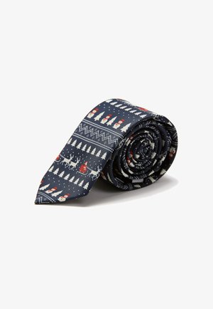 Navy blue tie featuring a festive pattern with snowmen, reindeer, and Christmas trees, made of a smooth fabric, rolled for display.