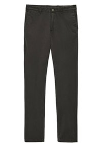 Pantaloni in cotone neri con un design a gamba dritta, dotati di zip e chiusura con bottone, due tasche frontali e una texture liscia.