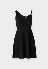 Musta hihaton mekko, jossa on kietaisumalli, tiukka yläosa ja kellotettu hame. Valmistettu sileästä kankaasta, jossa on sivuvetoketjukiinnitys.