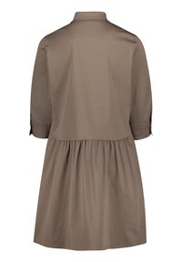 Brown, button-up dress with a collared neck, three-quarter sleeves, and gathered waist, featuring a smooth texture and knee-length design.