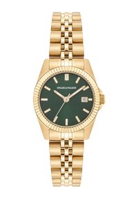 Montre-bracelet dorée avec un cadran vert, bracelet en acier inoxydable et lunette cannelée. Caractéristiques incluent des index horaires et un guichet de date.