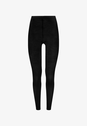Leggings noirs en tissu extensible, avec une taille haute, une texture lisse et une silhouette ajustée et fuselée sur toute la jambe.
