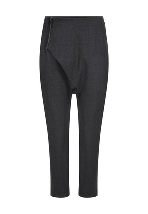 Dark gray pants with a unique asymmetrical design, featuring a side zip pocket and a tapered fit, crafted from textured fabric.