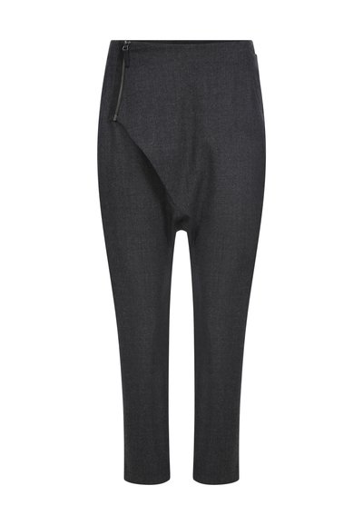 Dark gray pants with a unique asymmetrical design, featuring a side zip pocket and a tapered fit, crafted from textured fabric.