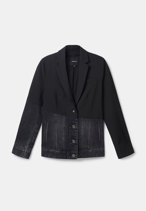 Veste blazer noire avec un design moitié denim, avec des boutons sur le devant et deux poches latérales.