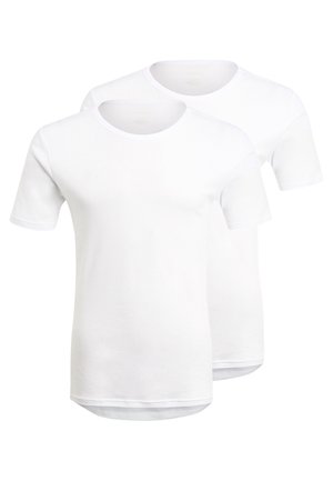 To hvide bomulds t-shirts med korte ærmer og rund hals, der har et enkelt design og en lige kant.