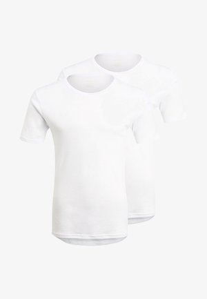 To hvide bomulds t-shirts med korte ærmer og rund hals, der har et enkelt design og en lige kant.