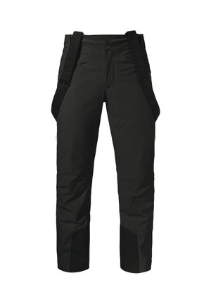 Schwarze technische Hose mit verstellbaren Trägern, geradem Schnitt, seitlichen Taschen und verstärkten schwarzen Stoffakzenten an den Unterschenkeln.