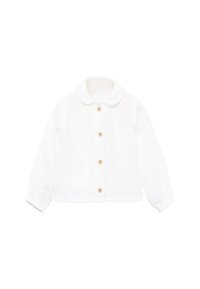 Sacou alb cu nasturi, fabricat dintr-un material texturat, având un guler rotund, mâneci lungi și nasturi din lemn pe partea din față.