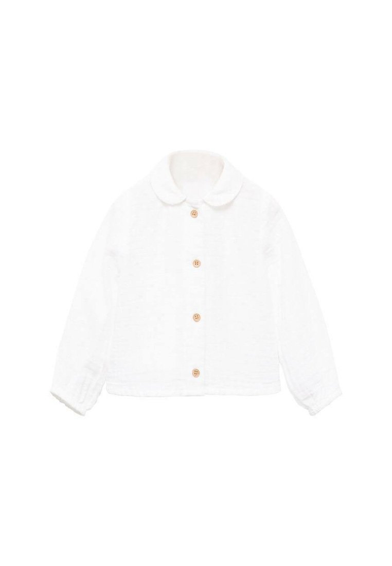 Sacou alb cu nasturi, fabricat dintr-un material texturat, având un guler rotund, mâneci lungi și nasturi din lemn pe partea din față.