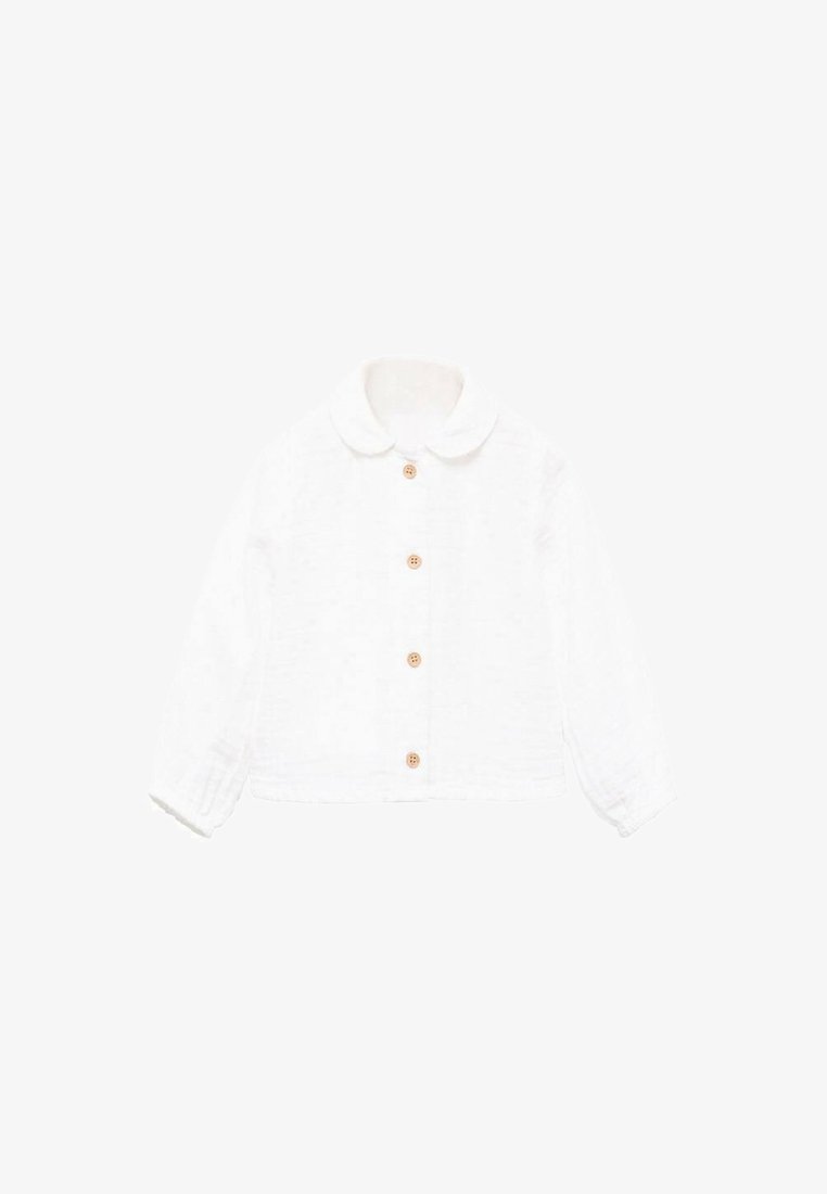 Sacou alb cu nasturi, fabricat dintr-un material texturat, având un guler rotund, mâneci lungi și nasturi din lemn pe partea din față.