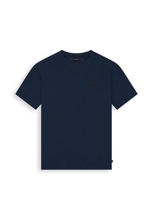 Navyblauwe korte mouwen T-shirt met ronde hals, subtiel logo op de linkerborst en een klein label aan de onderkant van de zijnnaad.