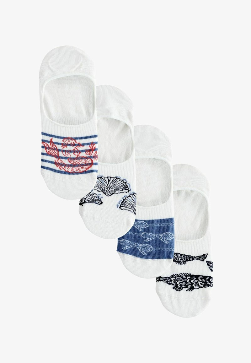 Lot de quatre paires de chaussettes en tissu blanc avec différents motifs : homard rouge sur rayures bleues, coquillages et motifs de poissons en bleu marine.