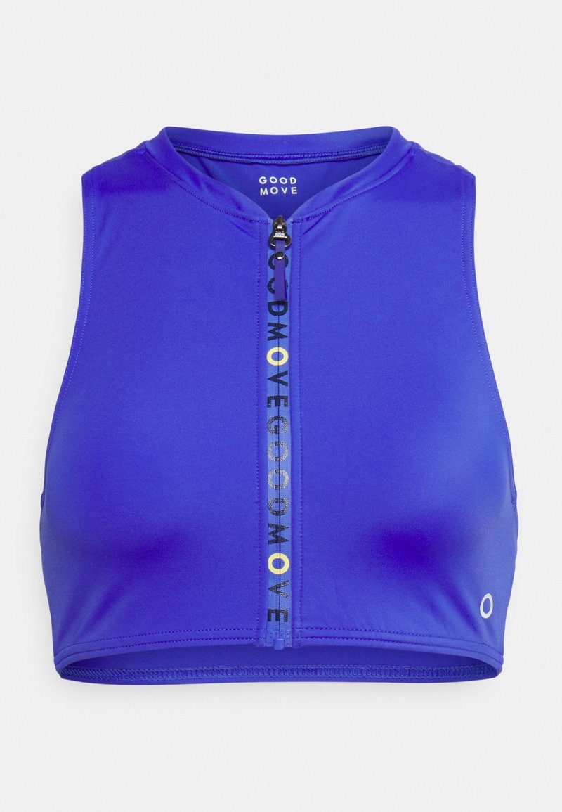 Top desportivo azul curto, com decote redondo e fecho de zip. Apresenta uma faixa com o logótipo a correr pelo centro em amarelo e preto contrastantes.