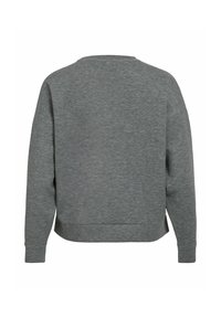 Jednoduchá šedá mikina s dlouhým rukávem zobrazená zezadu, s kulatým výstřihem a uvolněným střihem.