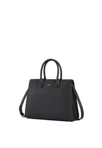 Borsa a tracolla in pelle nera con superficie testurizzata, due manici superiori e una tracolla staccabile. Presenta un logo e una ferramenta color oro.