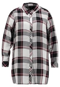 Langærmet skjorte med knapper og ternet mønster i sort, hvid og bordeaux. Har krave og knapper foran, lavet af let stof.