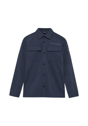 Mörkblå skjortjacka med lång ärm, krage, knäppning med knappar framtill, två bröstfickor med klaff och liten logotyp på vänster ärm.