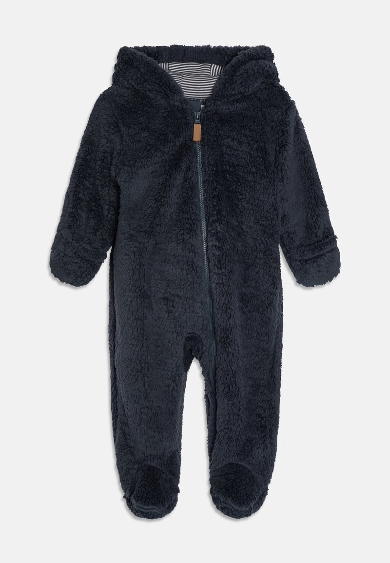 Grenouillère en peluche bleu marine foncé pour bébé avec capuche, fermeture éclair frontale, doublure intérieure rayée, manches longues et pieds couverts.