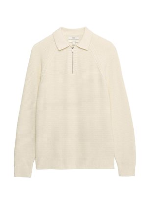 Kremowy pulower o fakturze dzianiny, z kołnierzykiem i zamkiem przy szyi. Posiada prążkowane ściągacze na mankietach i dole, co nadaje dopasowany wygląd.