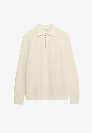 Kremowy pulower o fakturze dzianiny, z kołnierzykiem i zamkiem przy szyi. Posiada prążkowane ściągacze na mankietach i dole, co nadaje dopasowany wygląd.