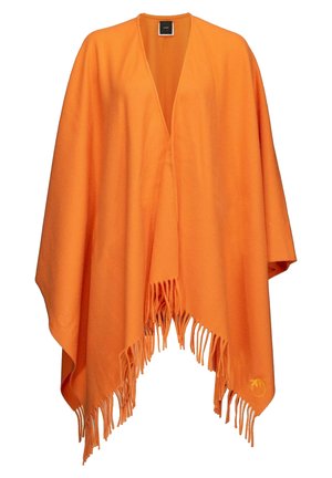 Poncho in lana arancione con design a V, caratterizzato da bordi frangiati e un piccolo dettaglio ricamato. Tessuto morbido e vestibilità ampia.