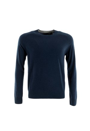 Pull en maille bleu marine à manches longues, col rond et ourlet côtelé. Texture lisse avec de subtils détails de couture sur les épaules.