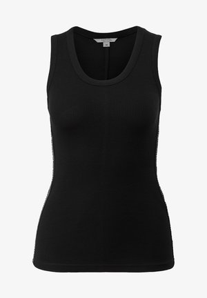Zwarte geribde tanktop met een ronde halslijn en een nauwsluitend ontwerp. Zij-accenten met tekstdetails contrasteren met de effen kleur.