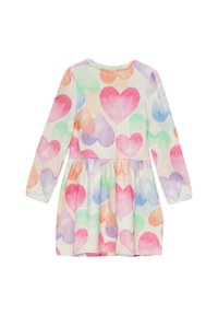 Langärmliges Kleid aus weichem Stoff mit einem ausgestellt geschnittenen Rock, das ein mehrfarbiges Aquarell-Herz-Muster auf heller Hintergrund zeigt.