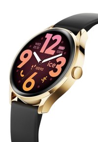 Orologio intelligente oro con cassa rotonda, cinturino nero, display digitale vivace che mostra ora, data, livello della batteria e icone di attività.