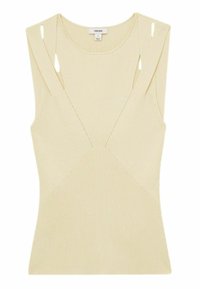 Top beige a coste con scollatura a V, aperture sulle spalle e dettagli delle cuciture geometriche. Realizzato in morbido tessuto elasticizzato.