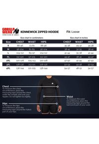 Maattabel voor de Gorilla Wear Kennewick Zipped Hoodie, met details over metingen voor borst, taille en heupen in centimeters en inches.