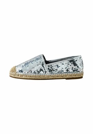 Silver sequin espadrille flat with woven jute sole and rounded toe, slip-on style, and metallic shimmer upper.