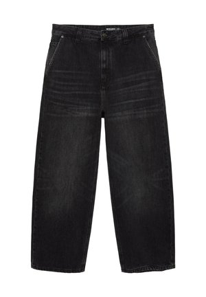 Sort denimjeans med høj talje og vide ben, med forlommer, bæltestropper og diskrete falmede detaljer på lårene.