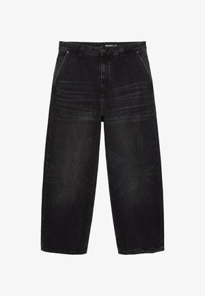 Čierne rifle z denimu s vysokým pásom a širokými nohavicami, s prednými vreckami, pútkami na opasok a jemným vyblednutím na stehnách.