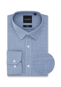 Wąski, niebieski koszulowy T-shirt w kratkę wykonany z tkaniny, z kołnierzykiem zapinanym na guziki, długimi rękawami i pasującą okrągłą próbą tkaniny.