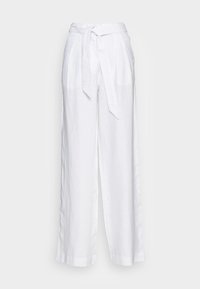 Vita högmidjade vida linbyxor med tygskärp knutet framtill, med sidofickor och en avslappnad passform.