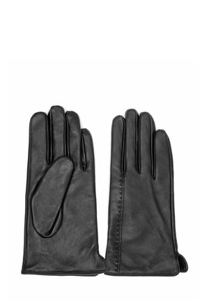 Czarne skórzane rękawice o gładkiej fakturze, z pięcioma palcami i zaokrąglonym obszarem dłoni, z przeszyciami po bokach.