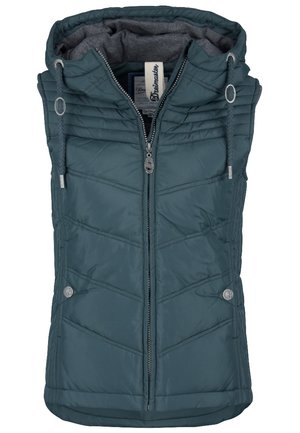 Veste matelassée sans manches couleur sarcelle avec fermeture éclair devant, capuche ajustable avec cordons de serrage, et deux poches à bouton-pression.