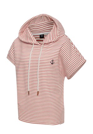 Striped short-sleeve hoodie in red and white. Features a front pocket, drawstring, and an embroidered anchor detail. Cotton material.