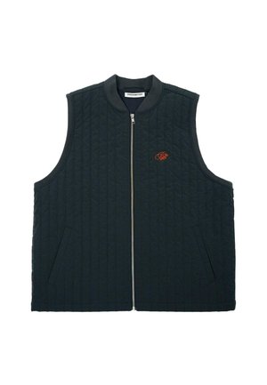Quilted black vest with a zip front, no sleeves, and side pockets. Features a small red logo on the chest. Made from a textured material.