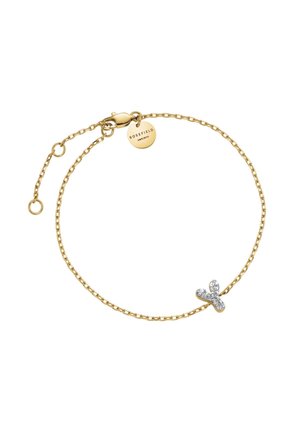 Gouden kettingarmband met een zilveren kruischarme, versierd met kristallen. Het ontwerp bevat een stevige sluiting en een verstelbare kettinglengte.