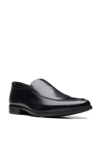 Schwarze Leder-Slippers mit glatter, glänzender Oberfläche, versehen mit dezenten Nähten und einer flachen Gummisohle für besseren Halt.