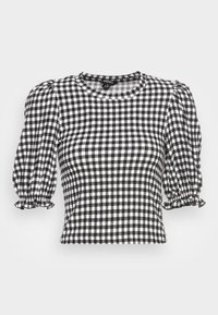 Top a maniche corte a scacchi in bianco e nero realizzato in tessuto leggero, con scollatura rotonda e maniche puff con polsini arricciati.