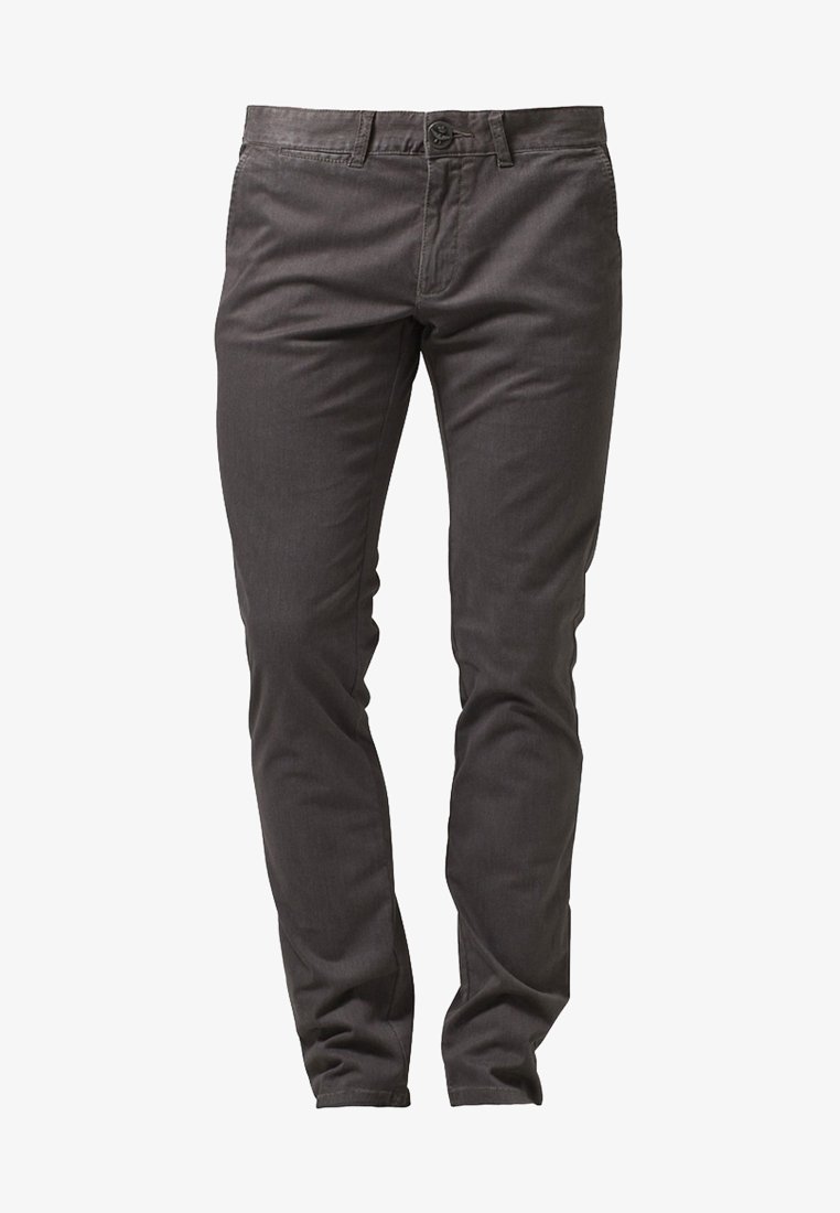 Pantalon slim gris foncé avec fermeture devant par bouton et zip, poches latérales et passants pour ceinture, présenté debout.